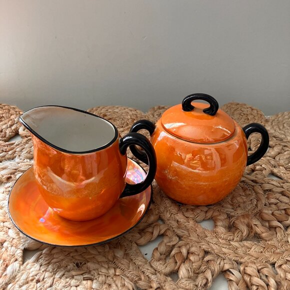 Vintage Lustre Ware Creamer and Sugar Bowl: Slovakian Art Deco Decor - Picture 2 of 9